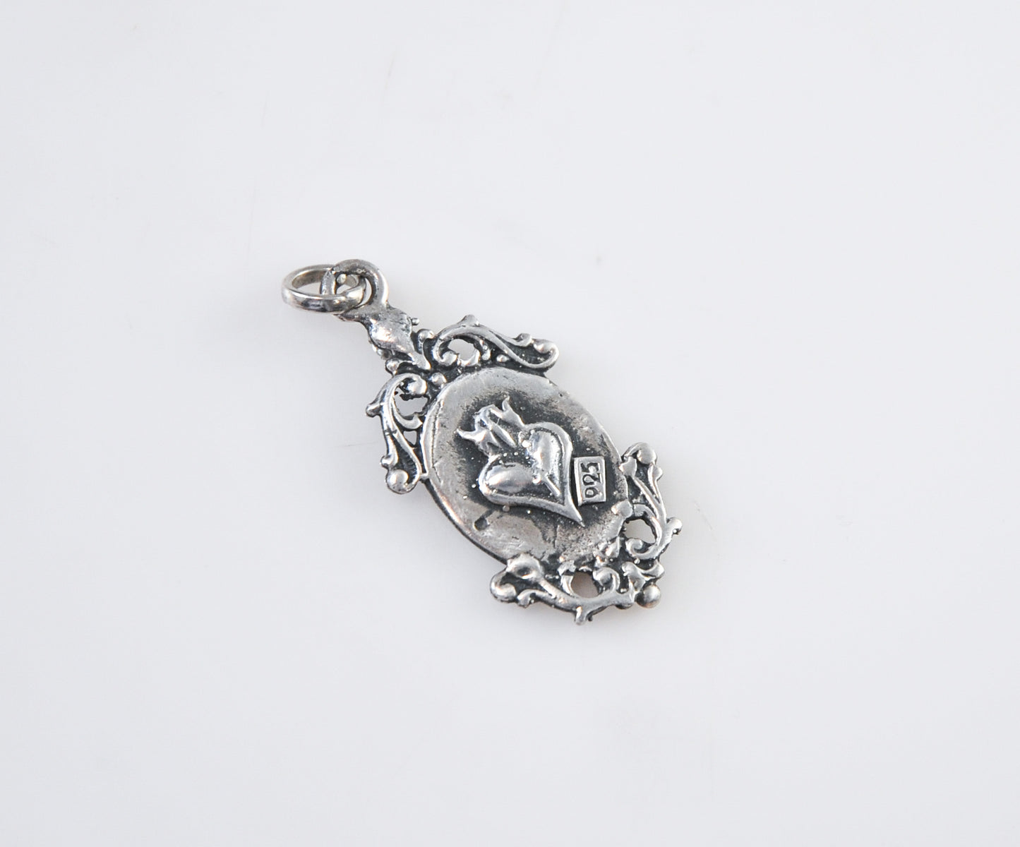 Unique Sterling Silver Madonna with Sacred Heart back CZ Medal Pendant