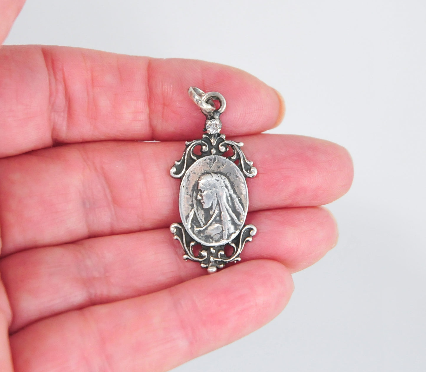 Unique Sterling Silver Madonna with Sacred Heart back CZ Medal Pendant