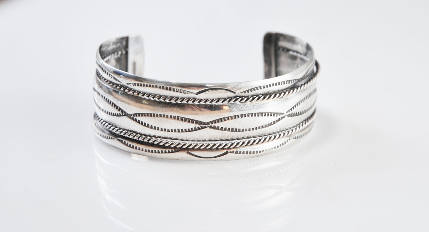 Wide Vintage Native American Sterling Silver Stamped Cuff Bracelet