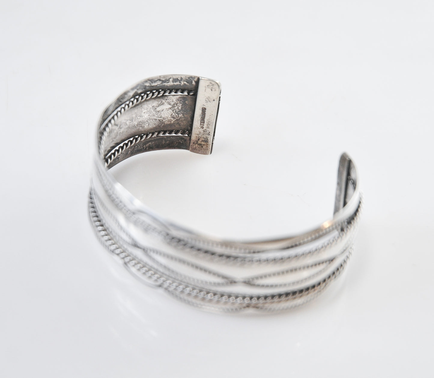 Wide Vintage Native American Sterling Silver Stamped Cuff Bracelet