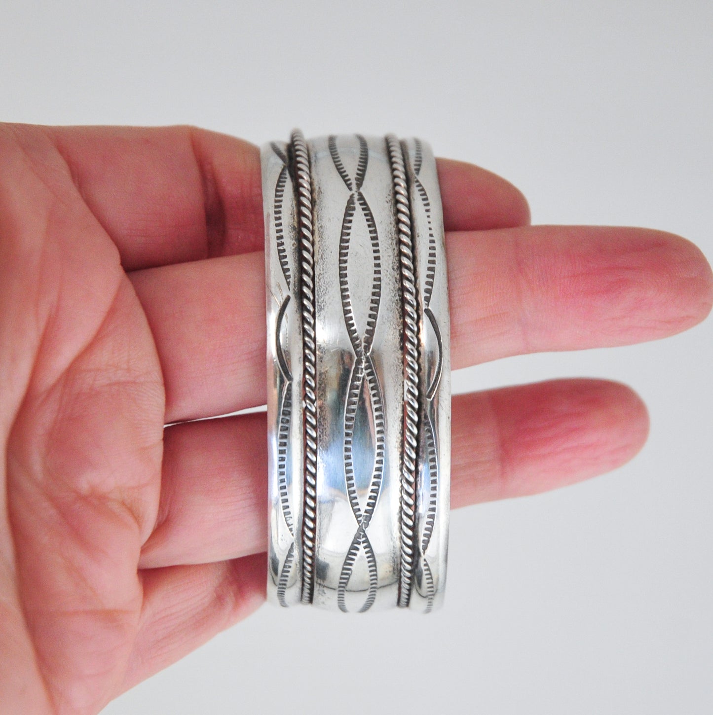 Wide Vintage Native American Sterling Silver Stamped Cuff Bracelet