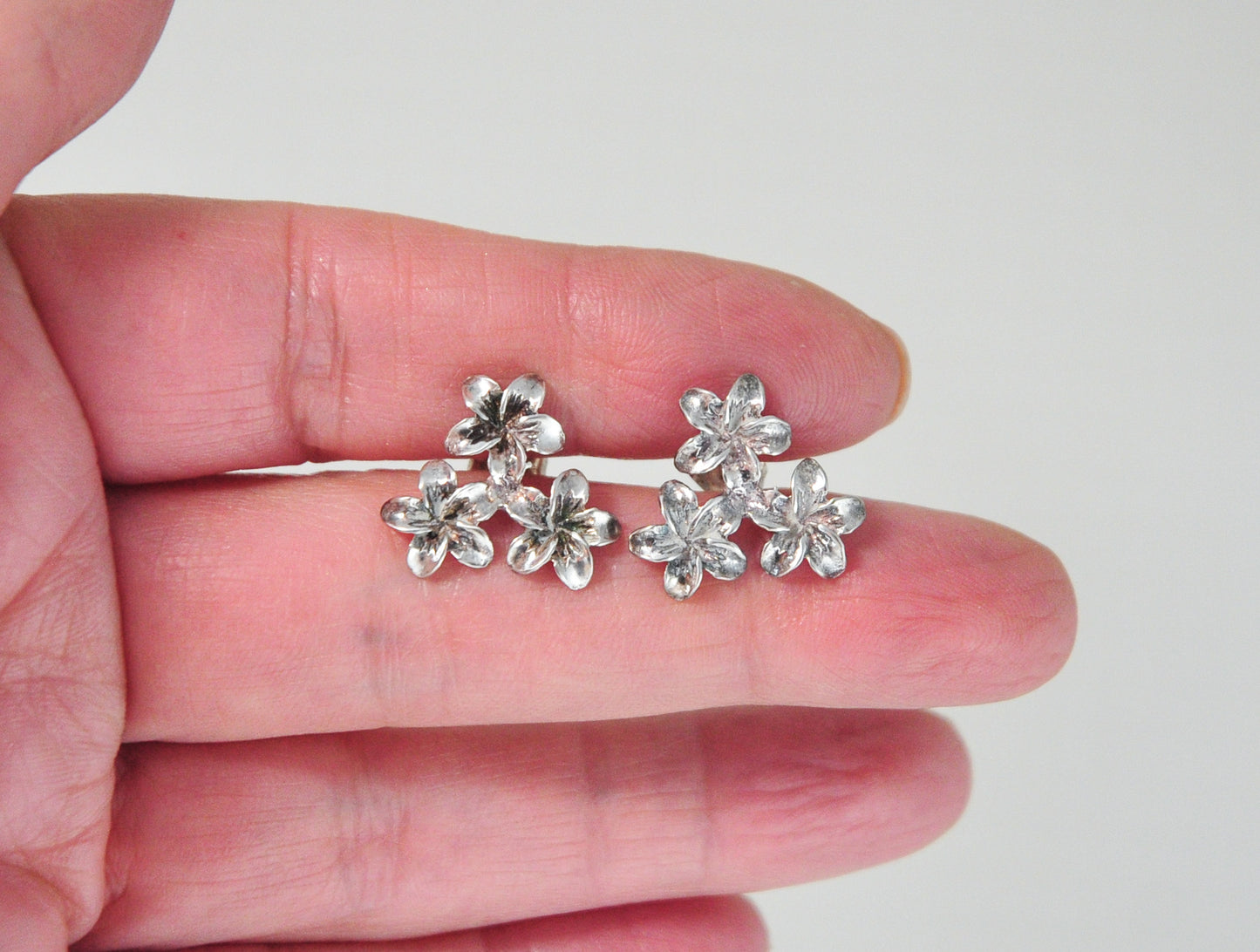 Signed Sterling Silver Plumeria Flower Earrings