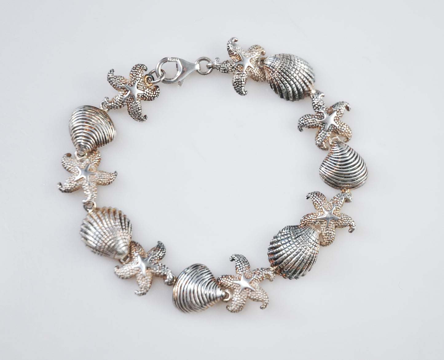 Designer Sterling Silver Seashell Starfish Link Bracelet