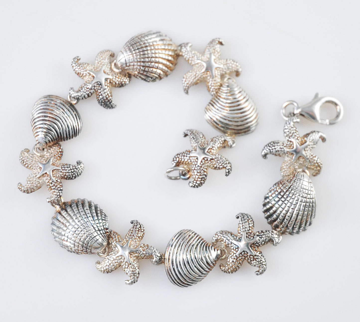 Designer Sterling Silver Seashell Starfish Link Bracelet