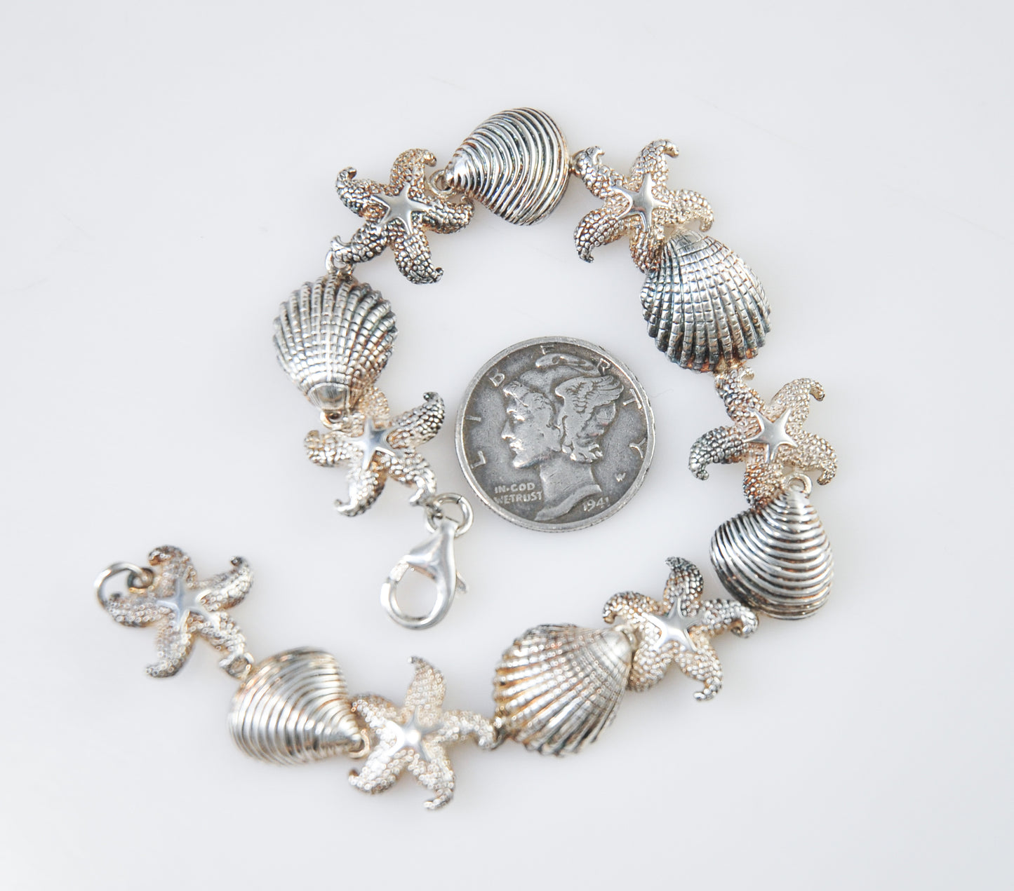 Designer Sterling Silver Seashell Starfish Link Bracelet