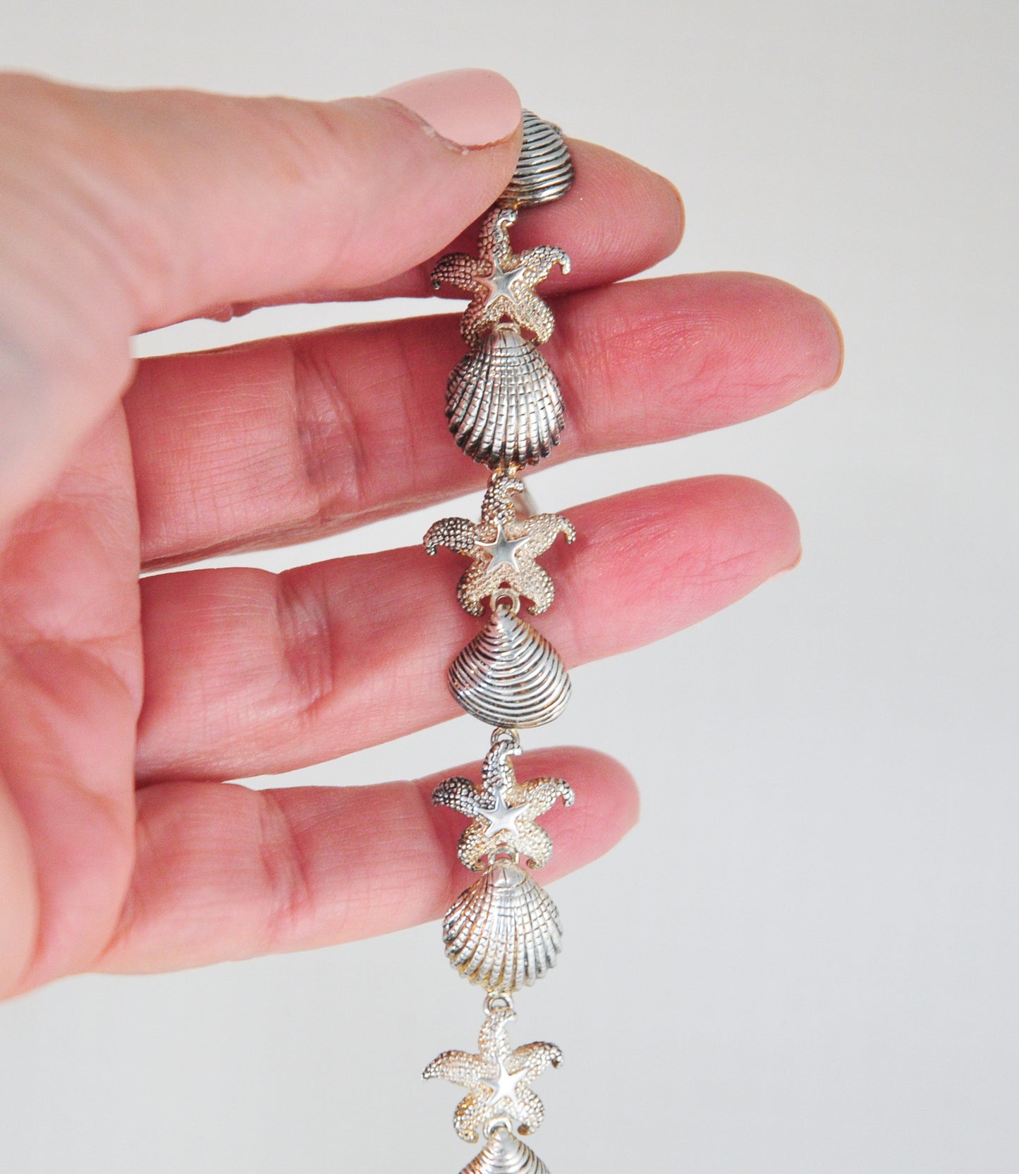 Designer Sterling Silver Seashell Starfish Link Bracelet