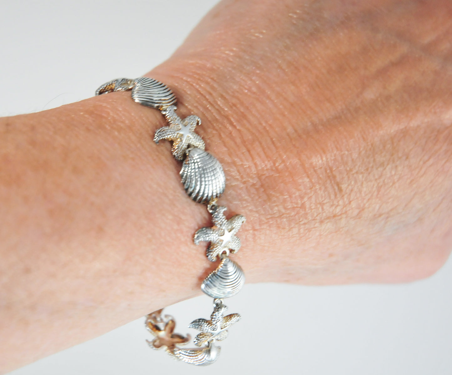 Designer Sterling Silver Seashell Starfish Link Bracelet