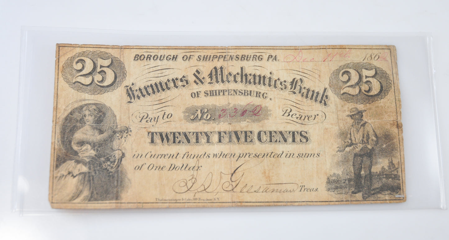 1862 Farmers & Mechanics Bank PA 25 Cent Fractional Currency Bill