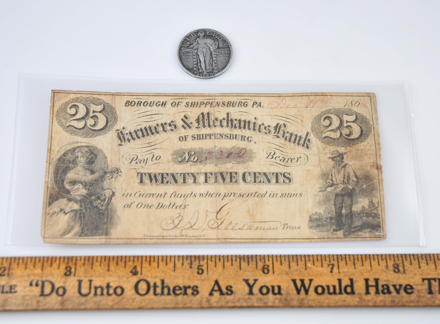 1862 Farmers & Mechanics Bank PA 25 Cent Fractional Currency Bill