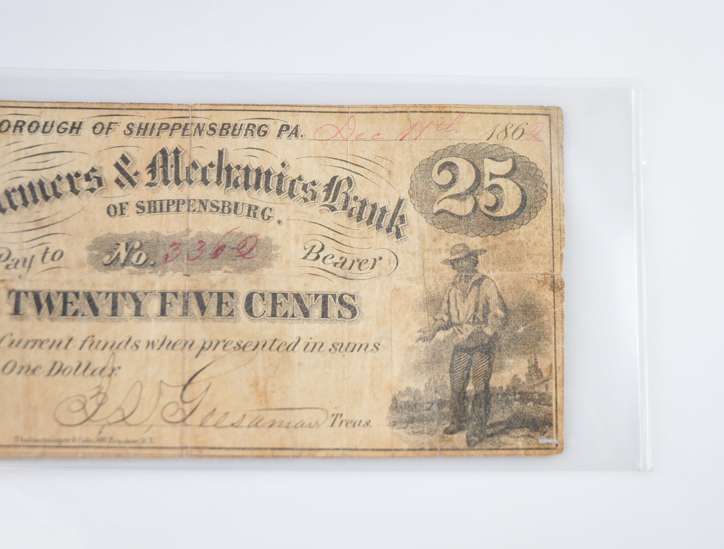 1862 Farmers & Mechanics Bank PA 25 Cent Fractional Currency Bill