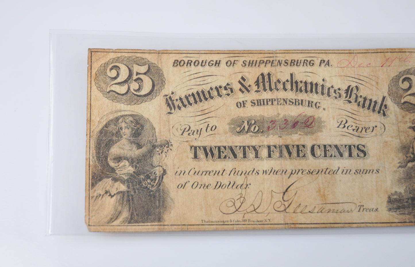 1862 Farmers & Mechanics Bank PA 25 Cent Fractional Currency Bill