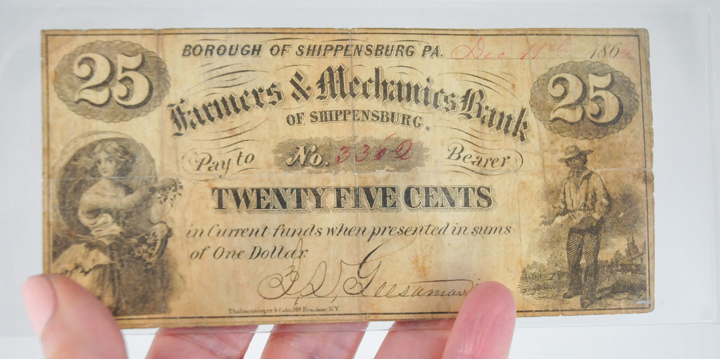 1862 Farmers & Mechanics Bank PA 25 Cent Fractional Currency Bill