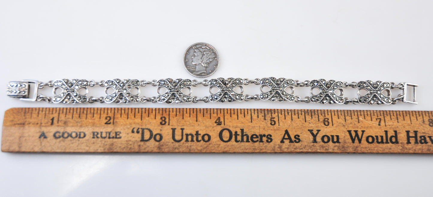 Designer Signed 925 Sterling Silver Marcasite Link Bracelet