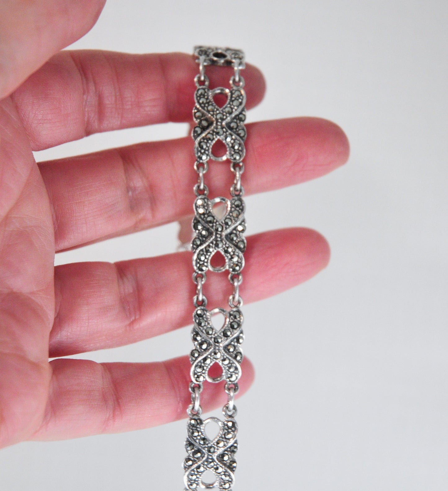 Designer Signed 925 Sterling Silver Marcasite Link Bracelet