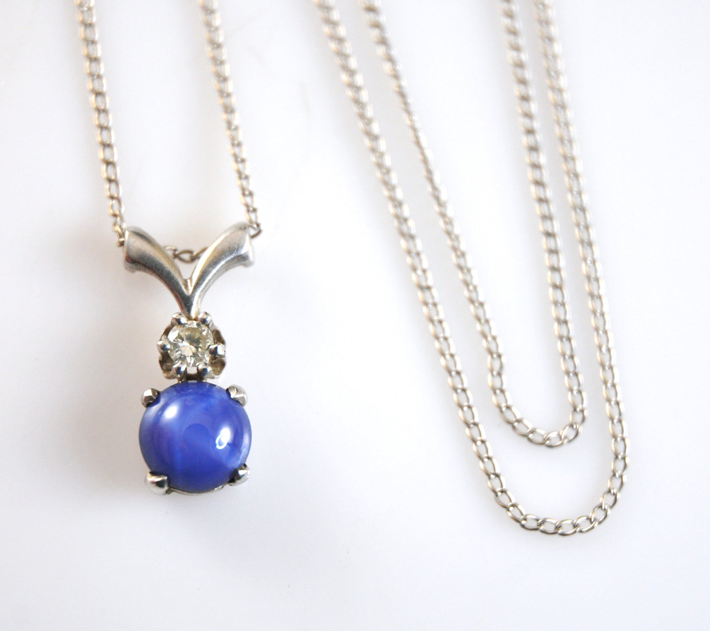 14K White Gold Blue Star Sapphire Diamond Pendant Necklace