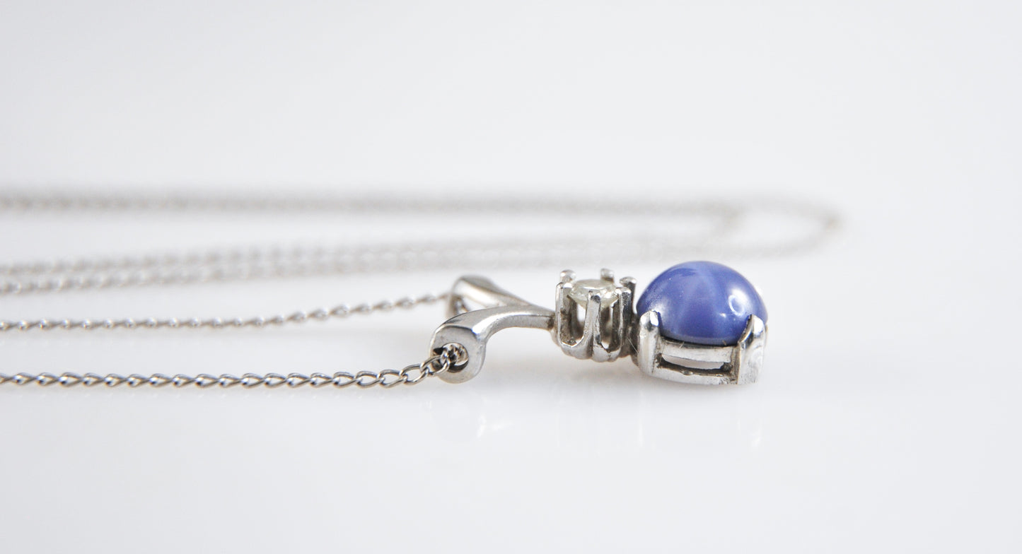 14K White Gold Blue Star Sapphire Diamond Pendant Necklace