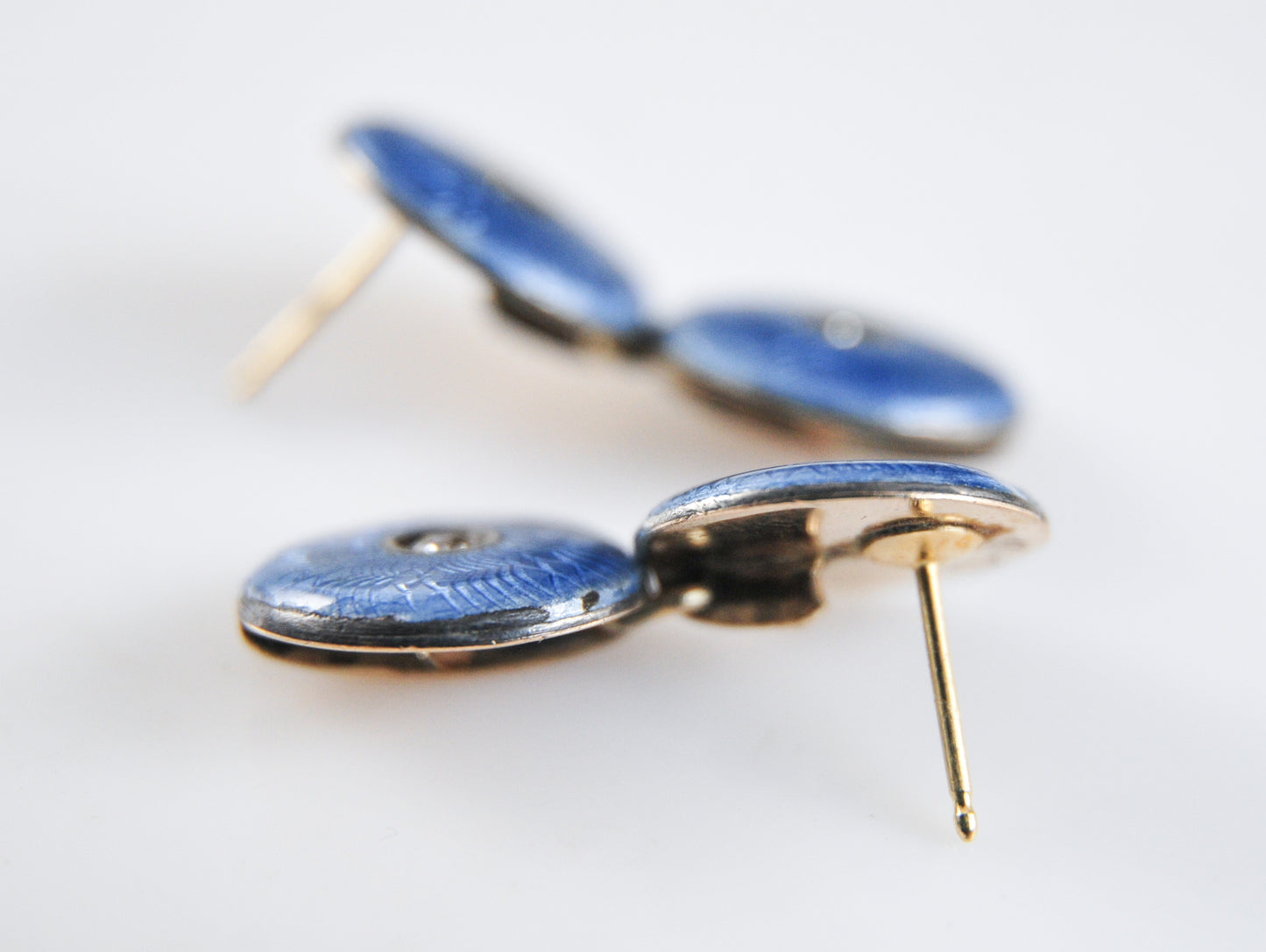 Antique Fabrege 14K Gold Diamond Guilloche Blue Enamel Earrings