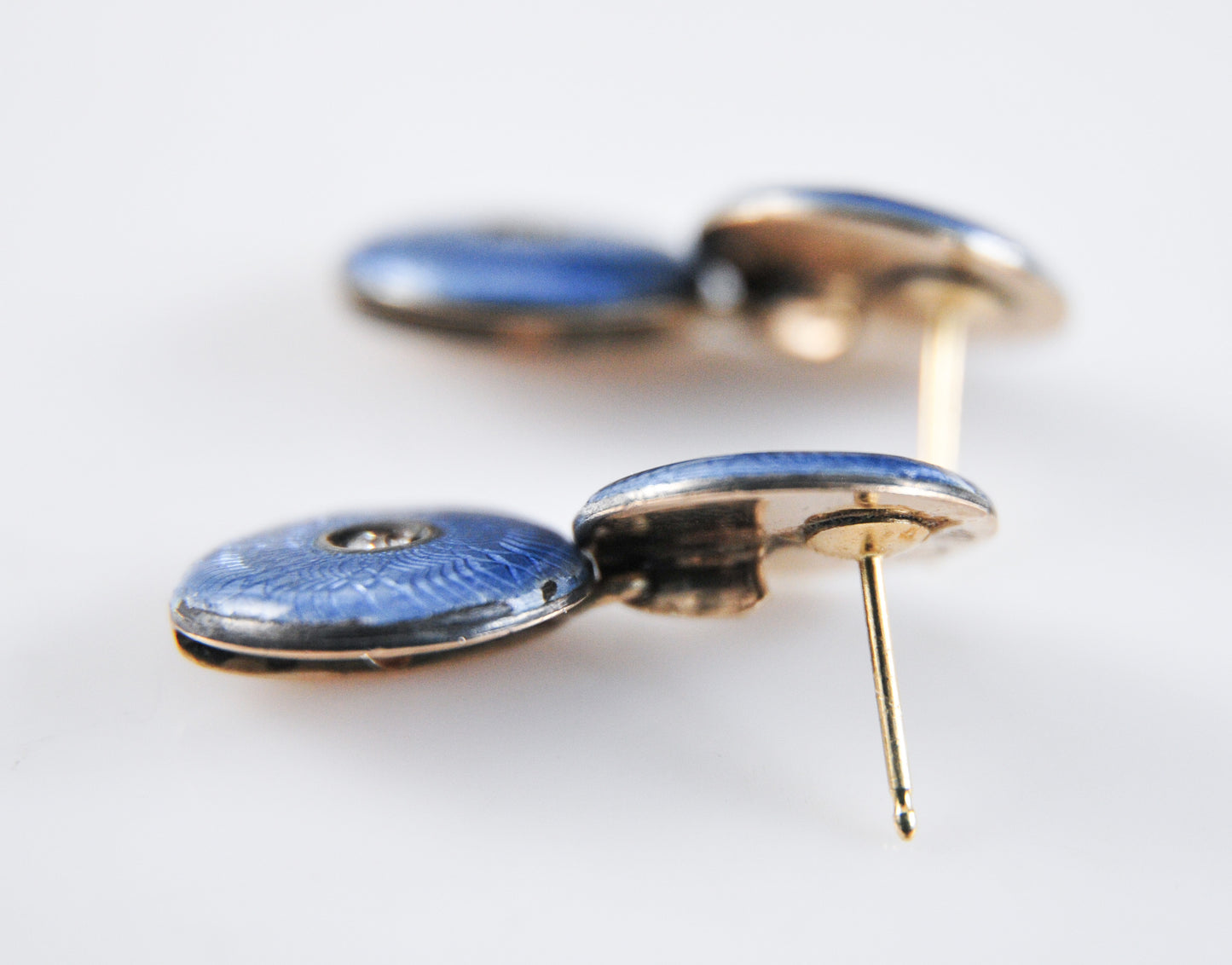 Antique Fabrege 14K Gold Diamond Guilloche Blue Enamel Earrings