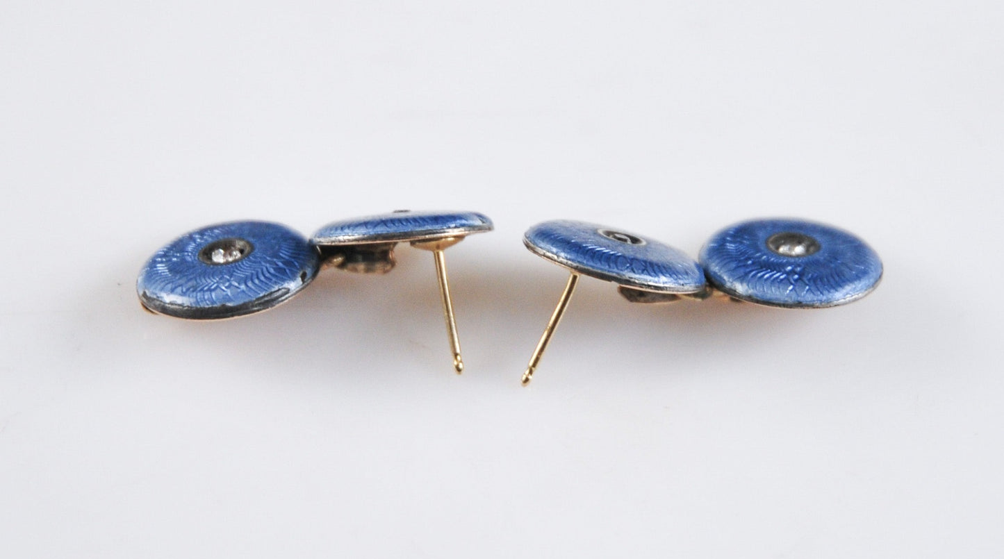 Antique Fabrege 14K Gold Diamond Guilloche Blue Enamel Earrings