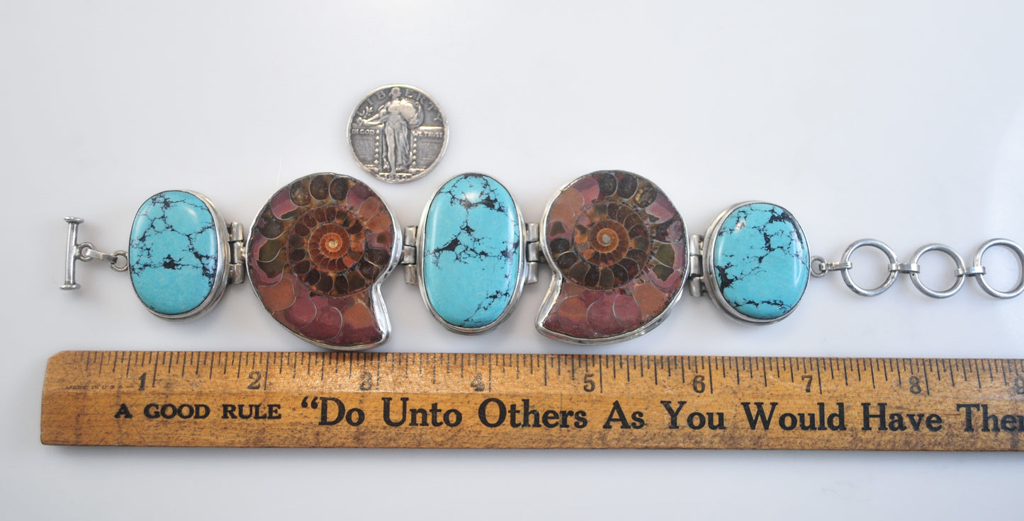 Sterling Silver Genuine Fossilized Ammonite Toggle Bracelet