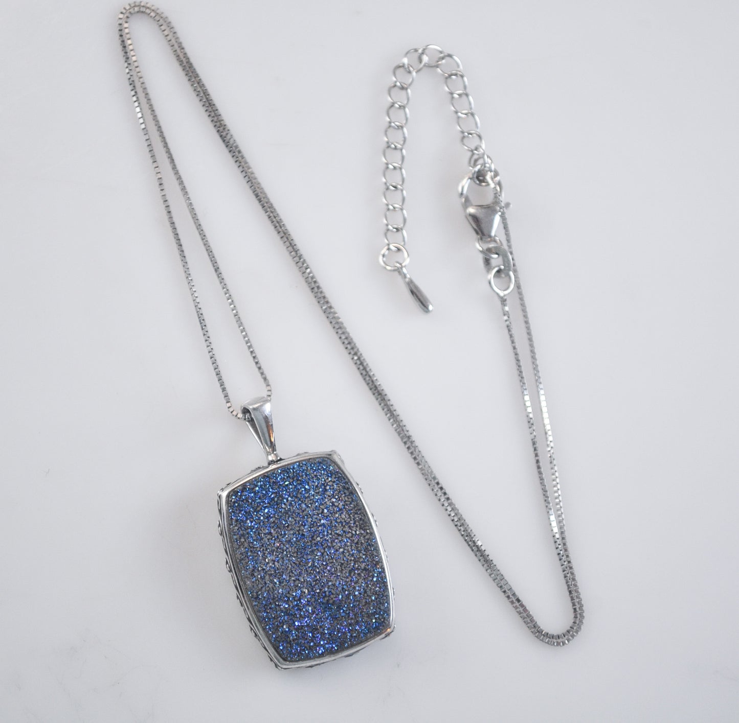 Vintage Signed Sterling Silver Blue Druzy Pendant Necklace