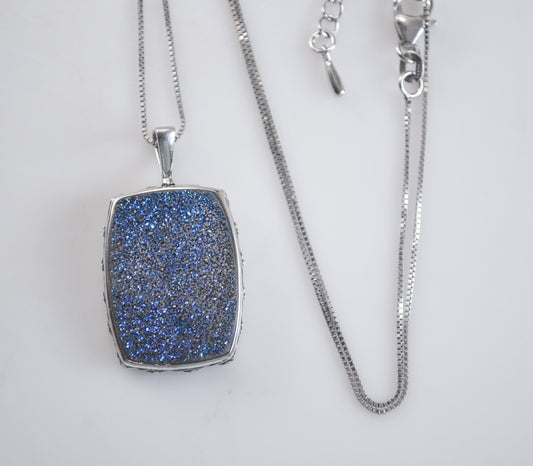 Vintage Signed Sterling Silver Blue Druzy Pendant Necklace