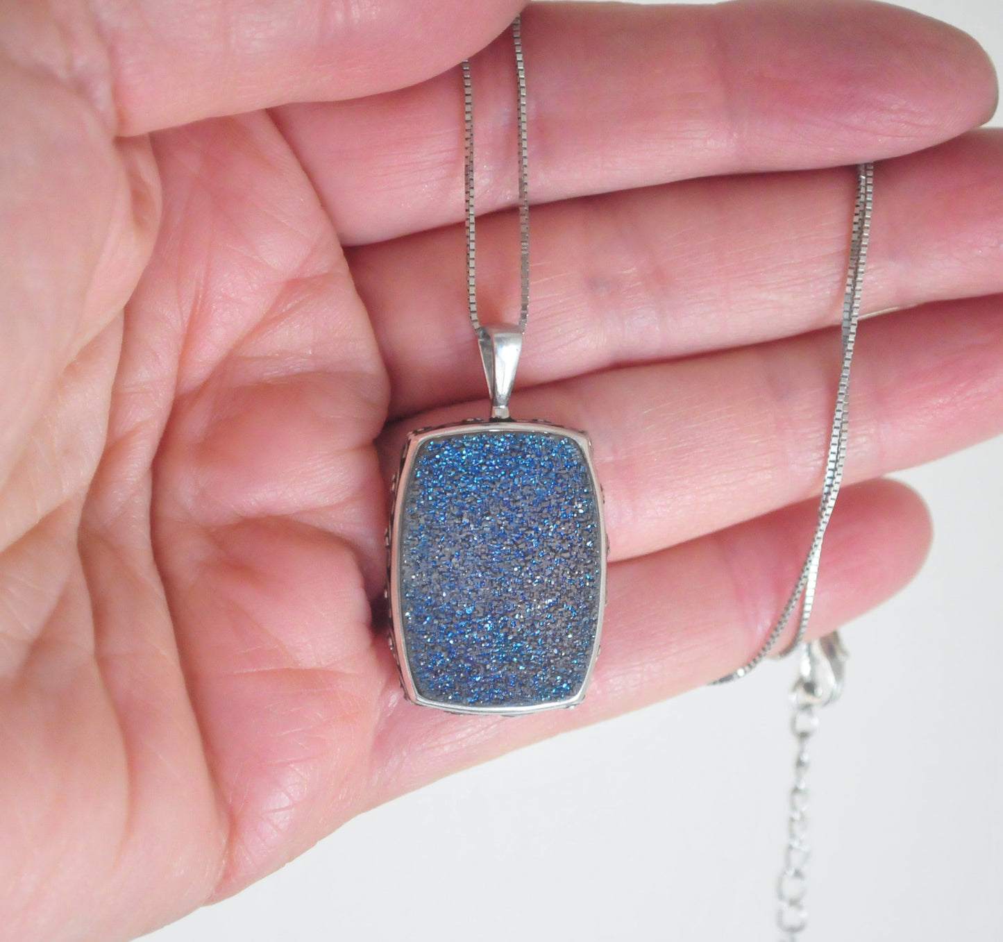 Vintage Signed Sterling Silver Blue Druzy Pendant Necklace