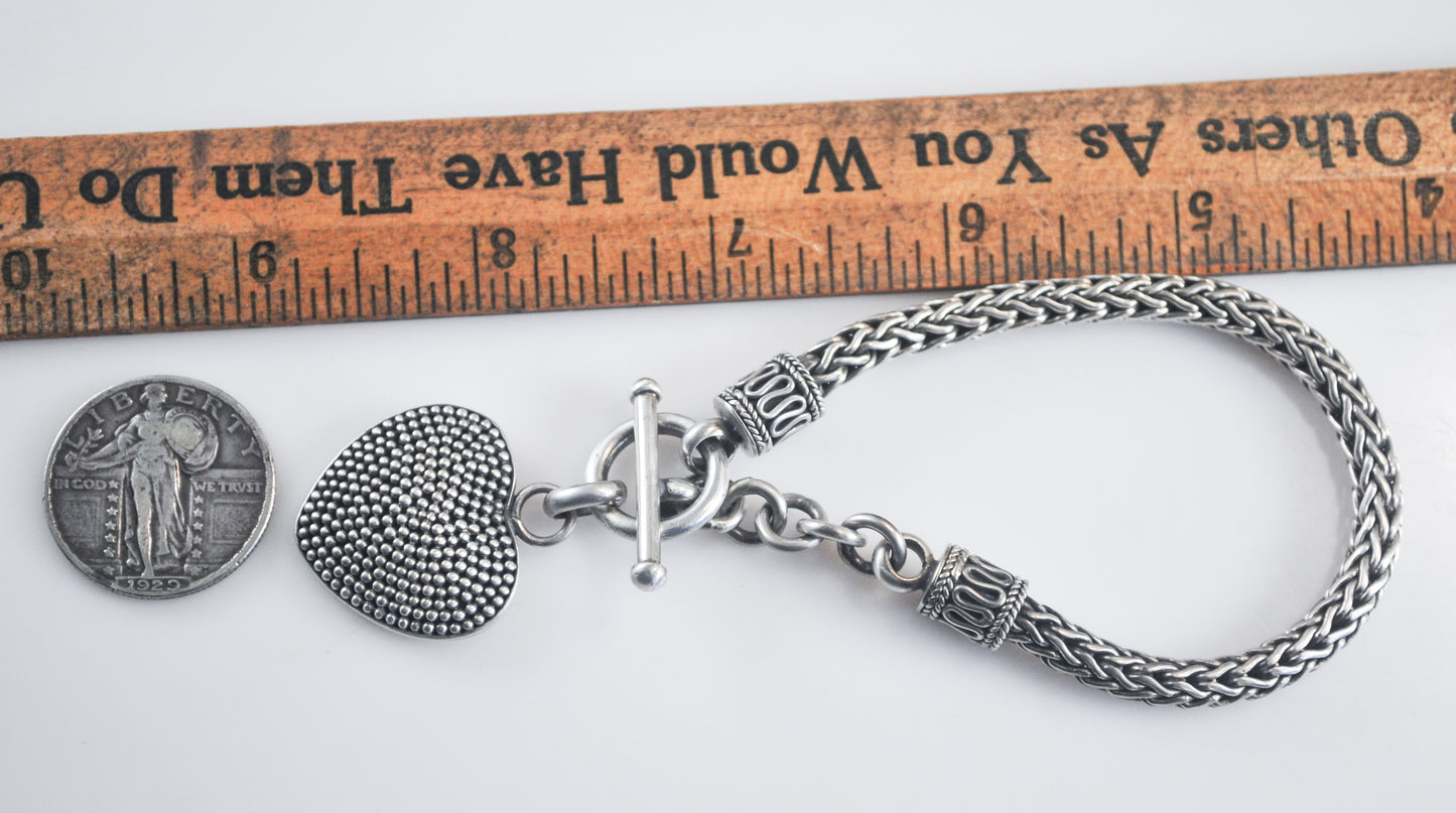 Signed Sterling Silver Heart Tag Wheat Bracelet