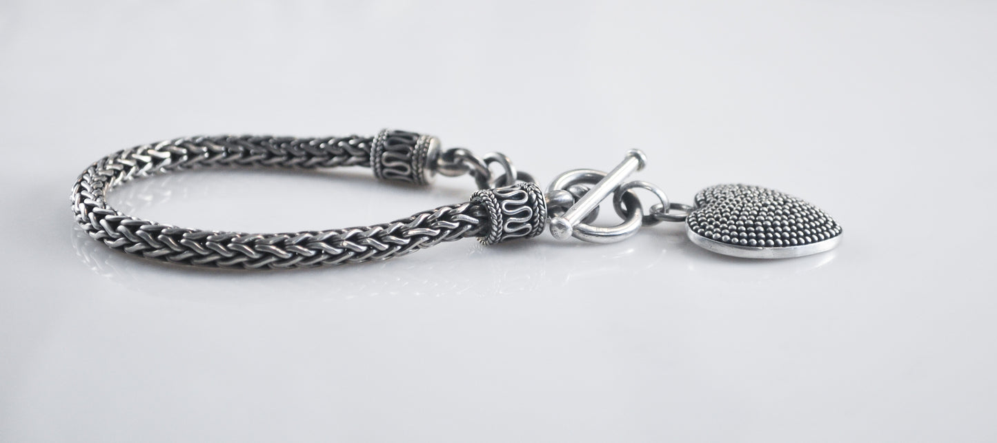 Signed Sterling Silver Heart Tag Wheat Bracelet