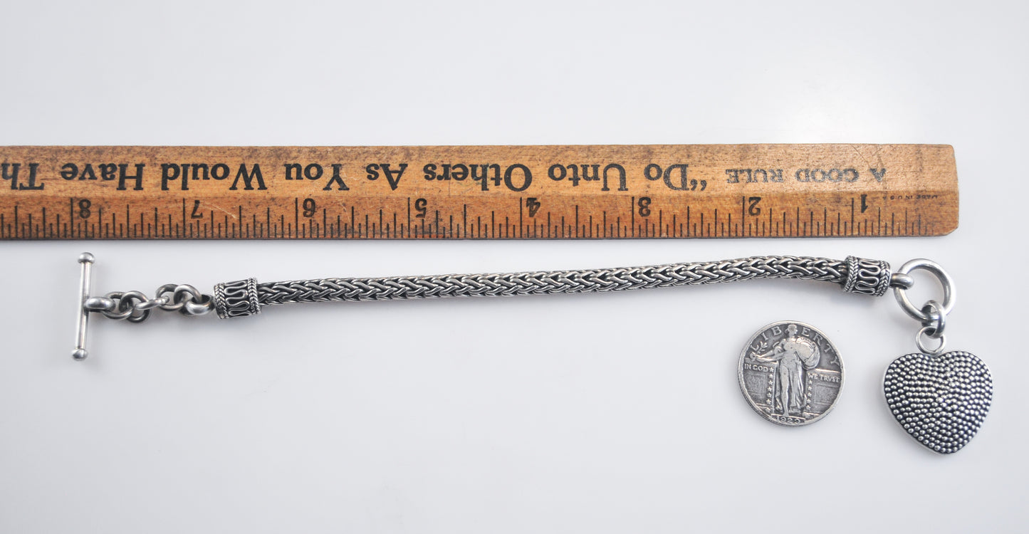 Signed Sterling Silver Heart Tag Wheat Bracelet