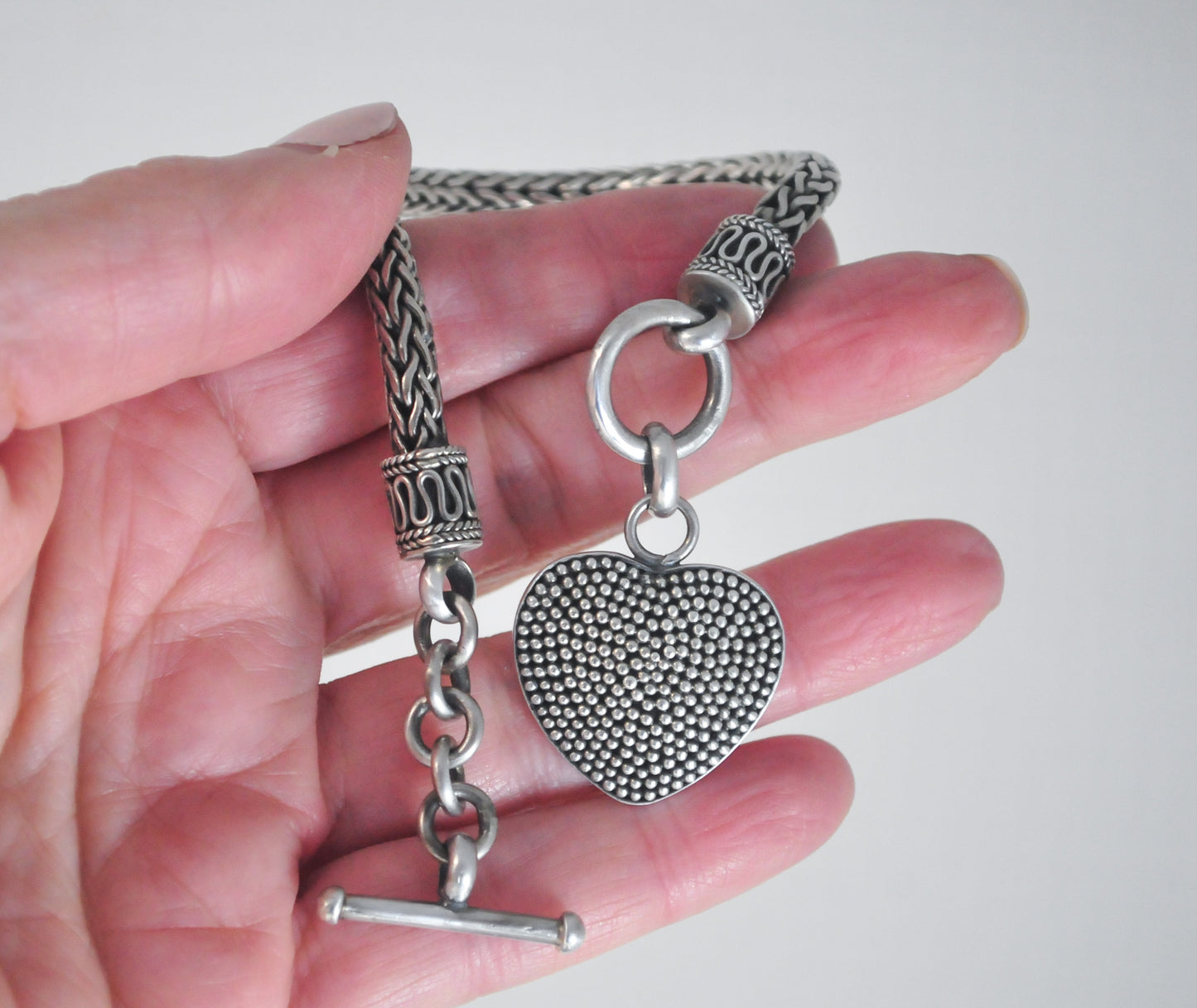 Signed Sterling Silver Heart Tag Wheat Bracelet