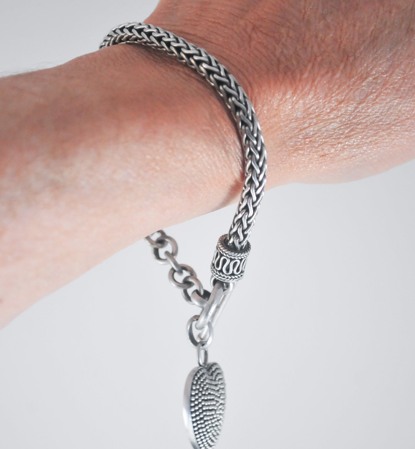 Signed Sterling Silver Heart Tag Wheat Bracelet