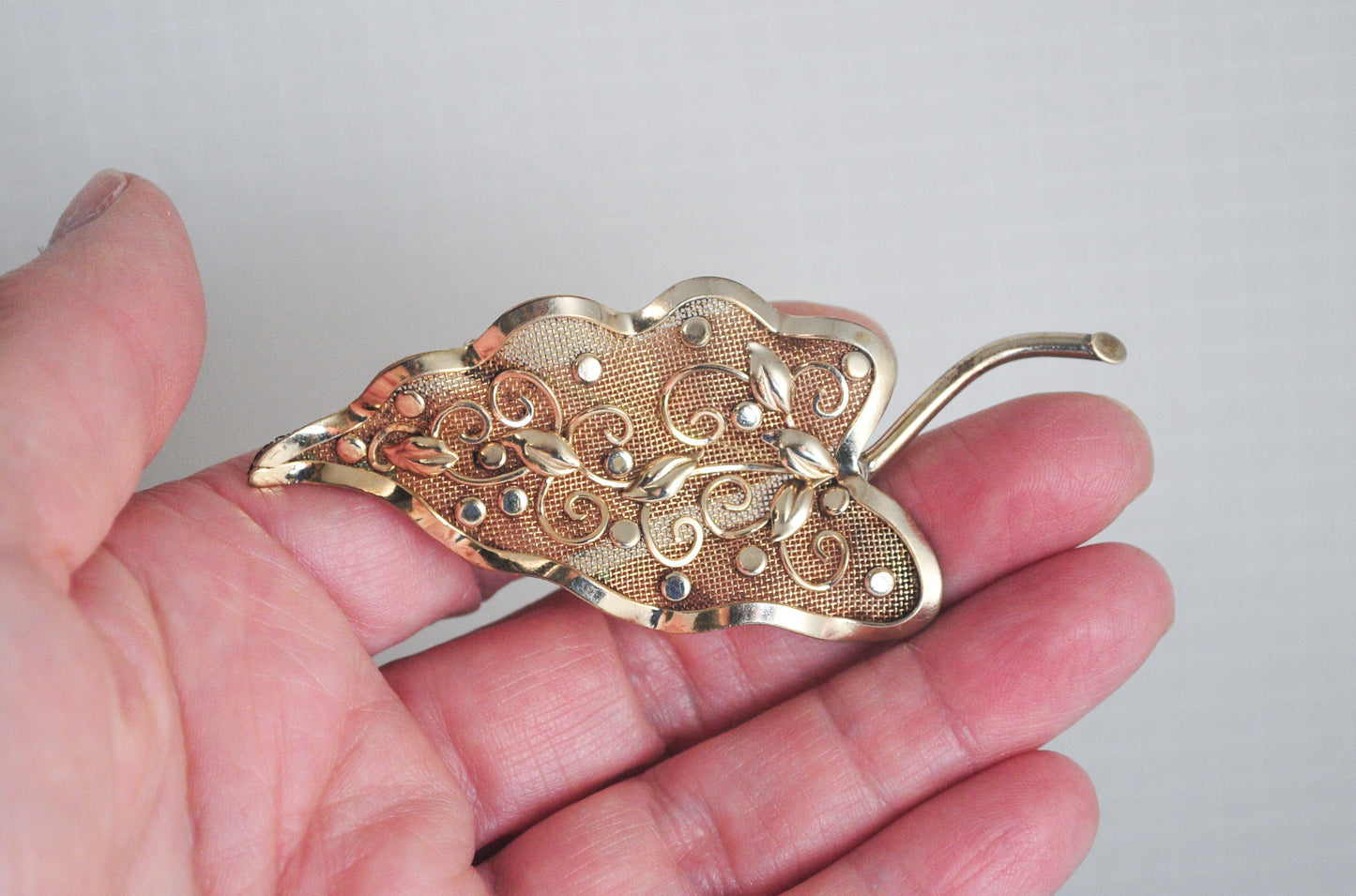 Vintage Walter Lampl Gold Filled Mesh Leaf Brooch