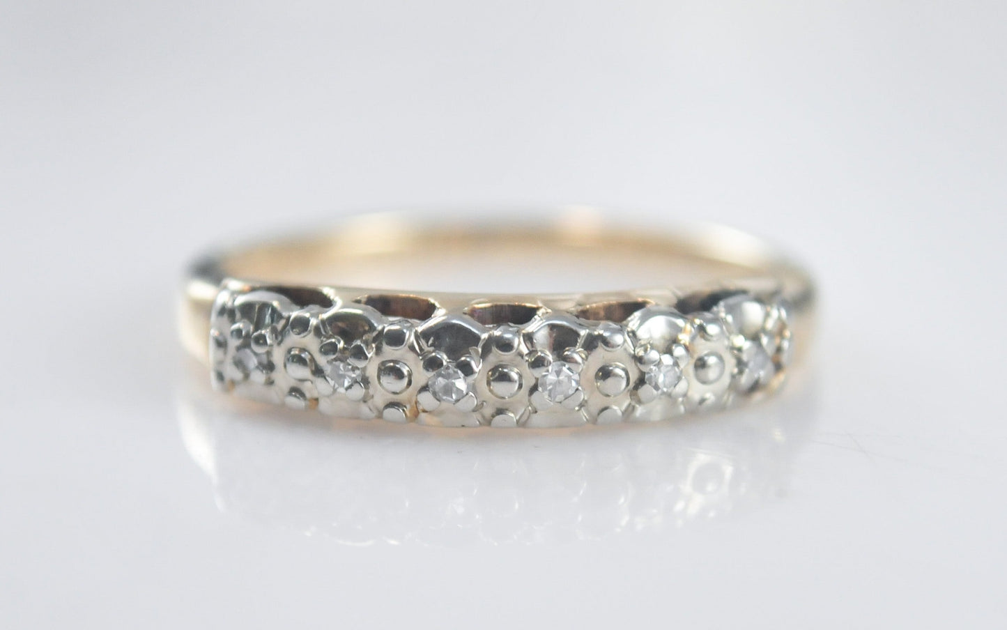 14K White and Yellow Gold Diamond Band Ring, Size 6 1/2