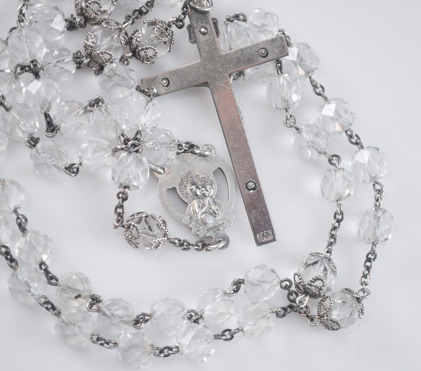 Vintage AFCO Sterling Silver Crystal Rosary Beads, 23 Inches