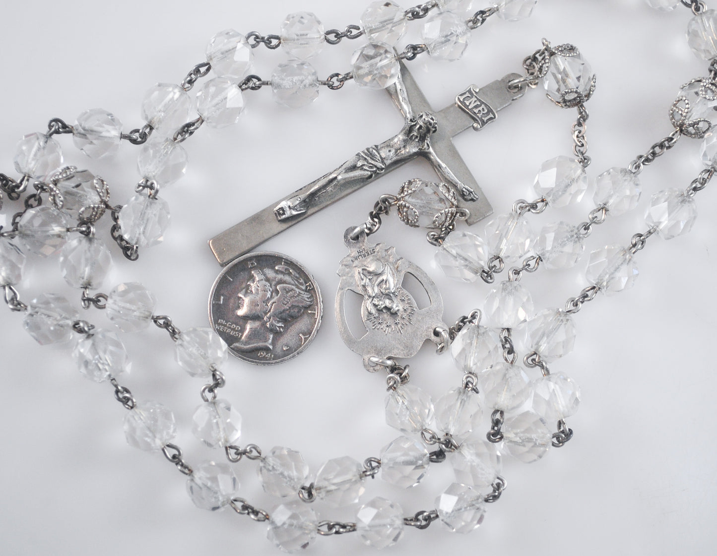 Vintage AFCO Sterling Silver Crystal Rosary Beads, 23 Inches