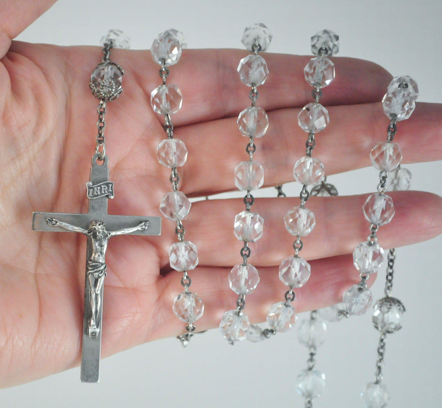 Vintage AFCO Sterling Silver Crystal Rosary Beads, 23 Inches