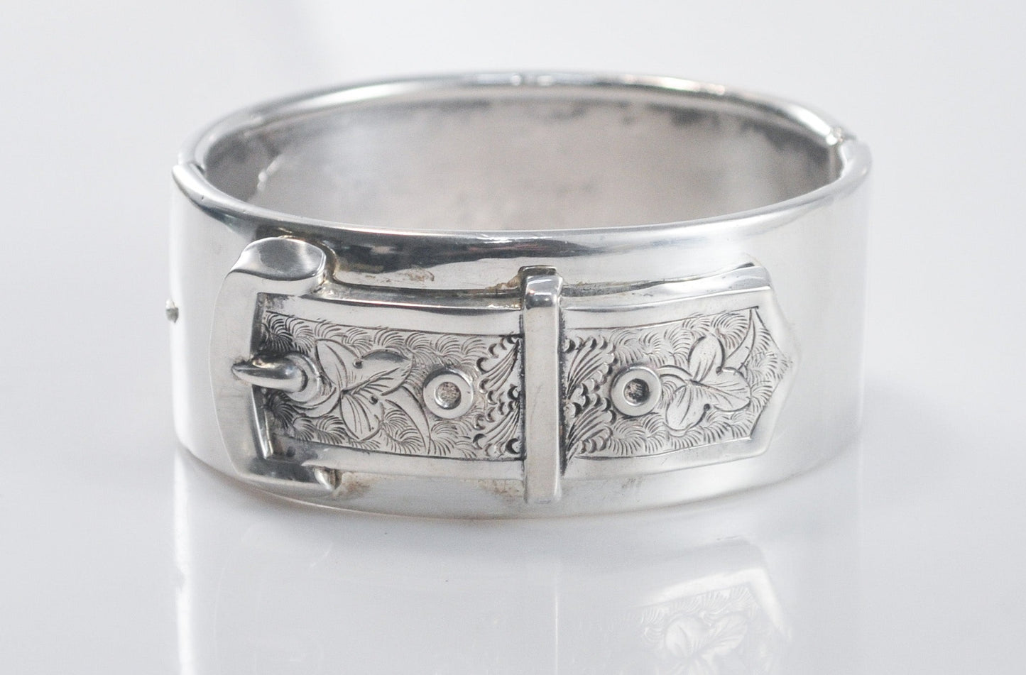 Vintage Wide Signed Sterling Silver Buckle Bangle Bracelet