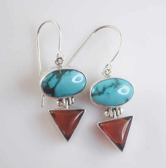 Turquoise Amber Sterling Silver Earrings