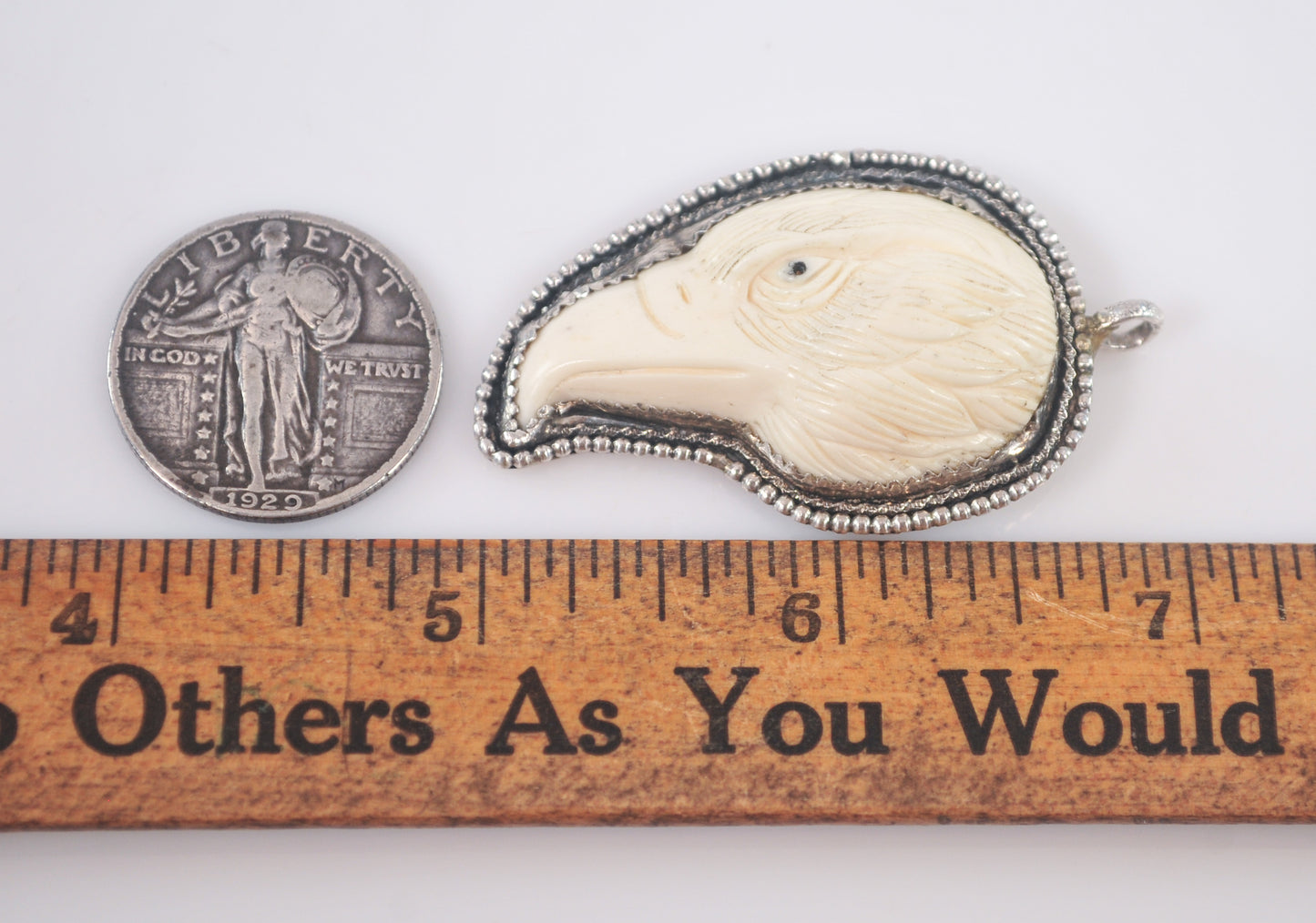 Signed Sterling Silver Carved Bone Eagle Pendant