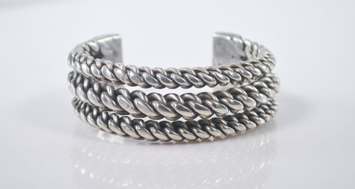 Heavy Southwestern Sterling Silver Braided Rope Cuff Bracelet, 126 Grams