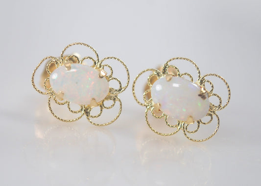 Tiny Vintage 14K Gold Natural Opal Earrings