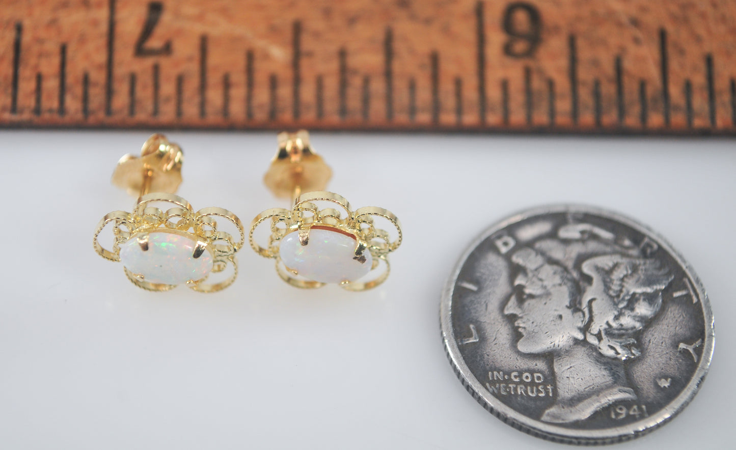 Tiny Vintage 14K Gold Natural Opal Earrings