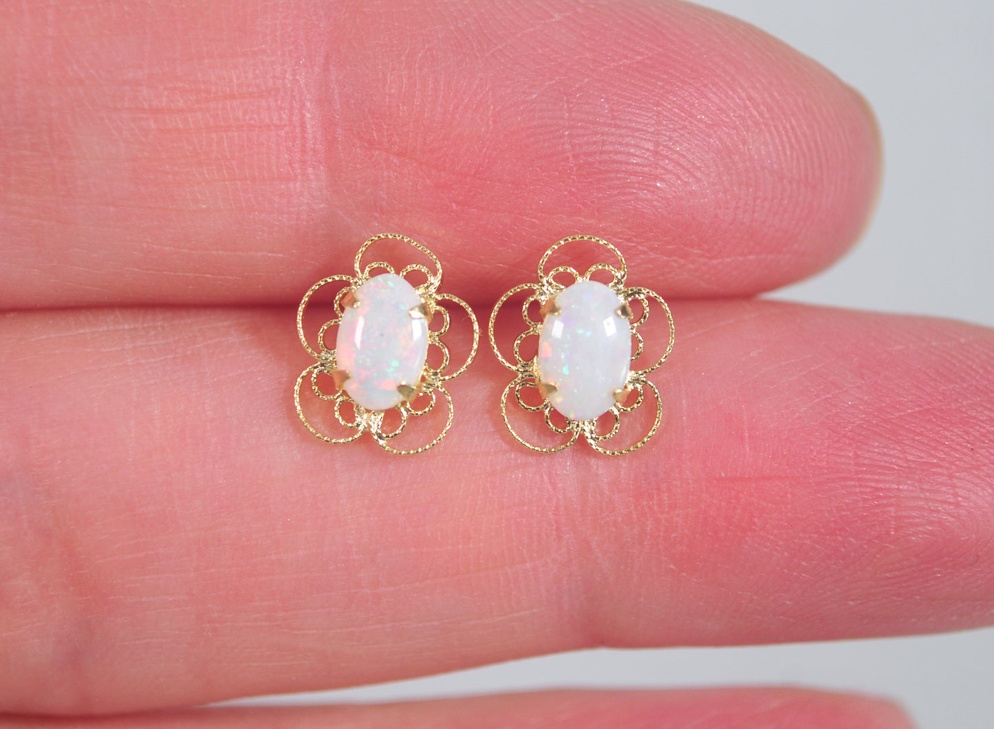 Tiny Vintage 14K Gold Natural Opal Earrings