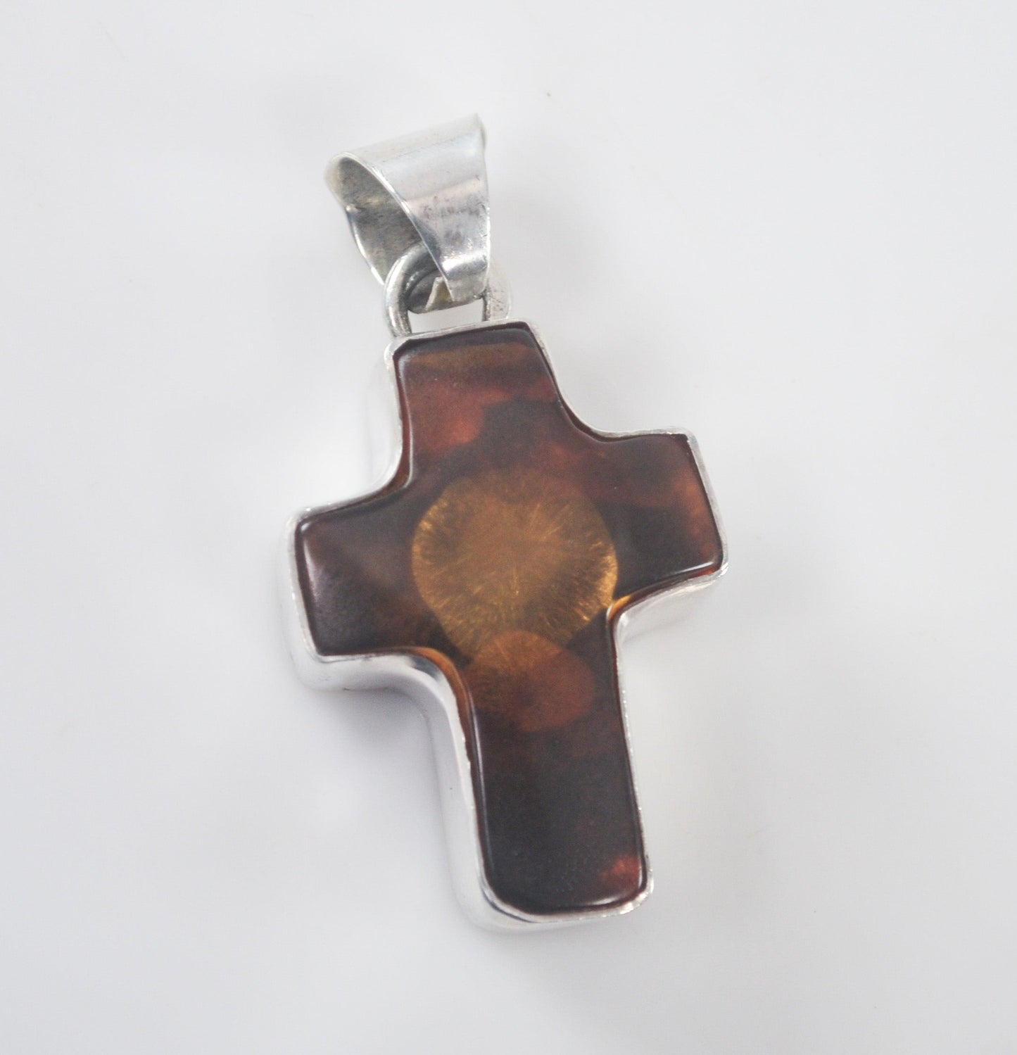 Vintage 925 Sterling Silver Chunky Amber Cross Pendant