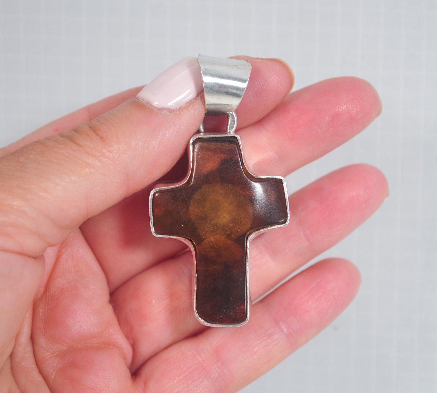 Vintage 925 Sterling Silver Chunky Amber Cross Pendant