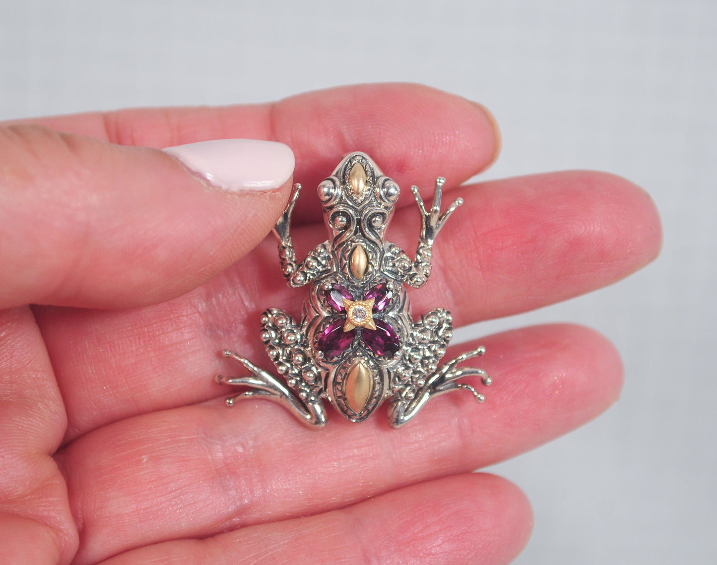 Estate Barbara Bixby Sterling Silver 18K Gold Rhodolite Frog Enhancer Pendant