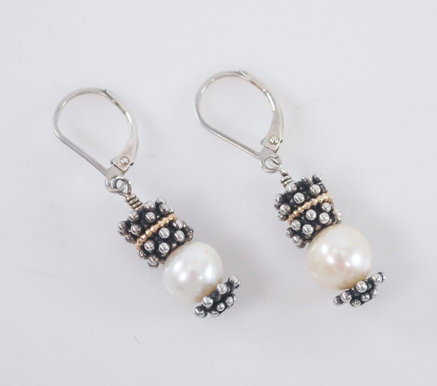 Estate 925 14K Gold White Cultured Pearl Earrings