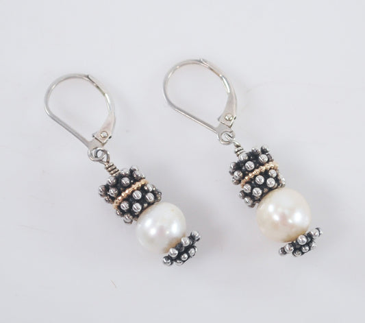 Estate 925 14K Gold White Cultured Pearl Earrings