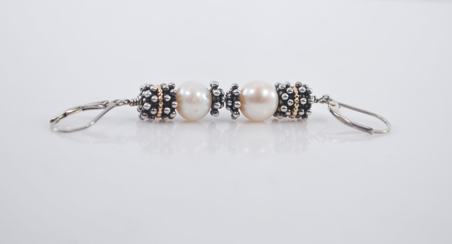 Estate 925 14K Gold White Cultured Pearl Earrings